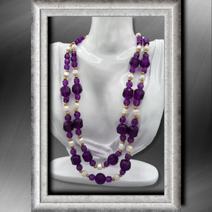Purple, White & Gold Double Strand Bead Necklace